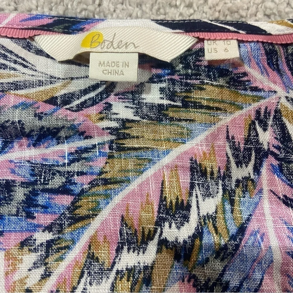 Boden V Neck Puff Sleeve 100% Linen Popover Botanical Print Sz 6
